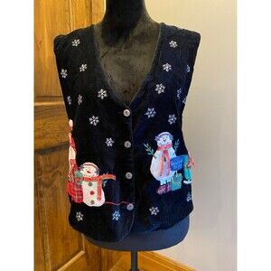 Vintage Tantrums Christmas Holiday Snowmen Velvet Front Womens Vest Size XL